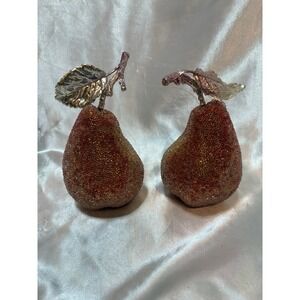 2 Vintage Beaded Pear Ornament, Beaded Iridescent Pears Gold colored leaf